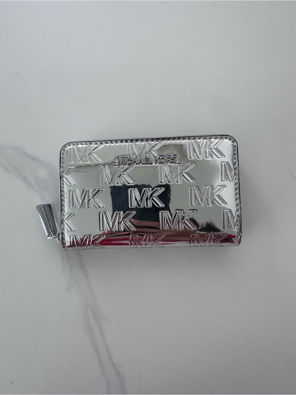 Michael Kors Silver Embossed MK Zip Wallet